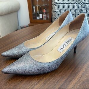 JIMMY CHOO Romy 60 Gunmetal Silver Fine Glitter Heels